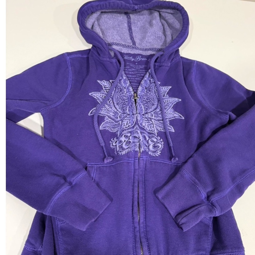 Vintage Lucky Brand Y2K Purple Embroidered Lotus Zip Up Hoodie Size S